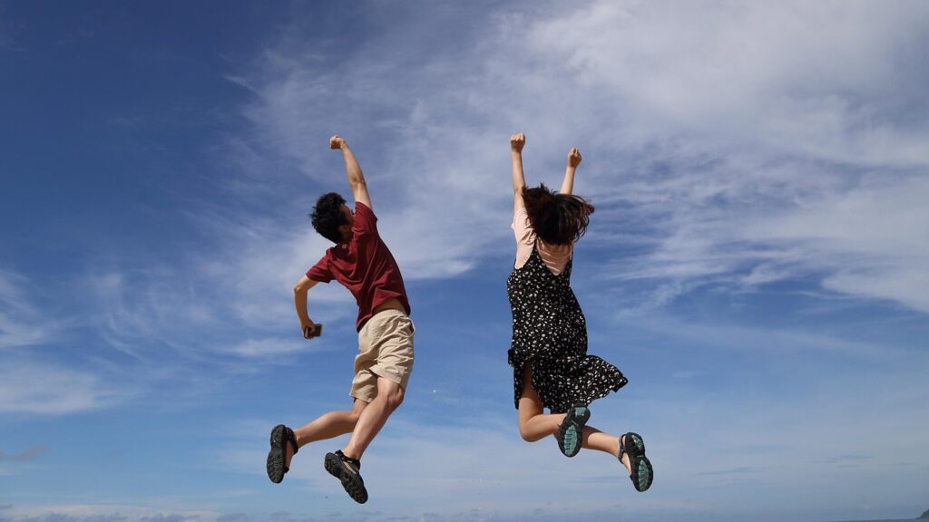 jump, sky, man, clouds, nature, height, girl, woman, happiness, joy, happy, blue sky